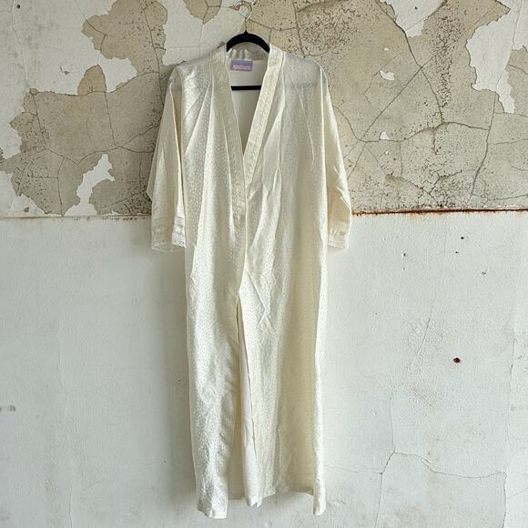 Ivory Jacquard Leopard Satin Duster Robe Lace Trim Long Kimono Style Vintage - Picture 1 of 8